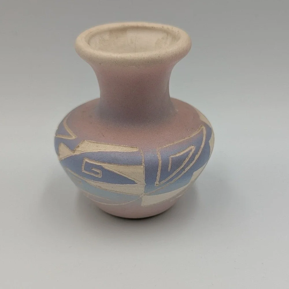 Navajo Pottery Vase Pink Blue Geometric Incised Vintage Small